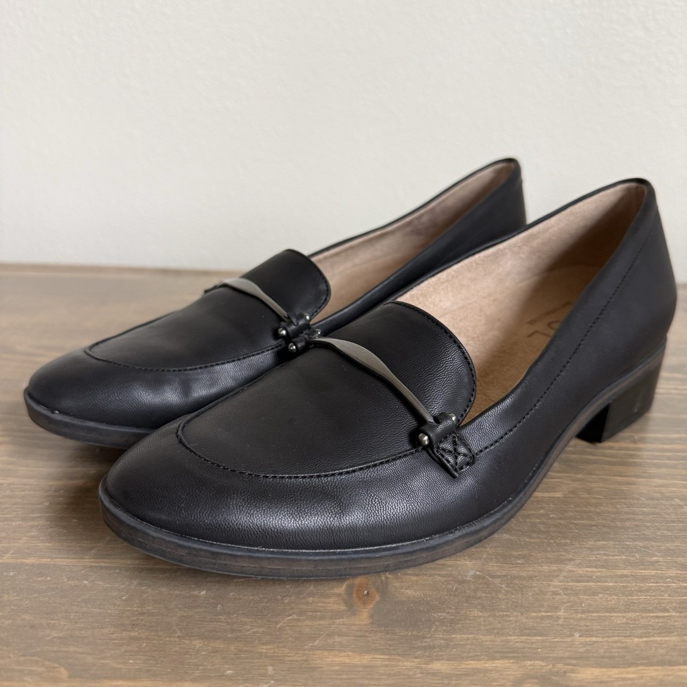 Naturalizer Black Leather Loafers with Metal Accent